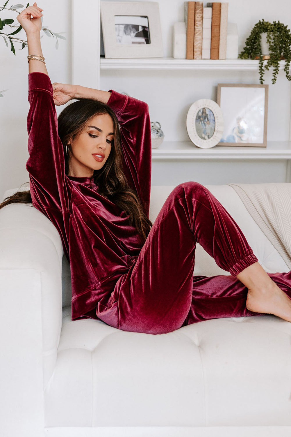 Blue Zone Planet |  Fiery Red Solid Velvet Two Piece Lounge Set