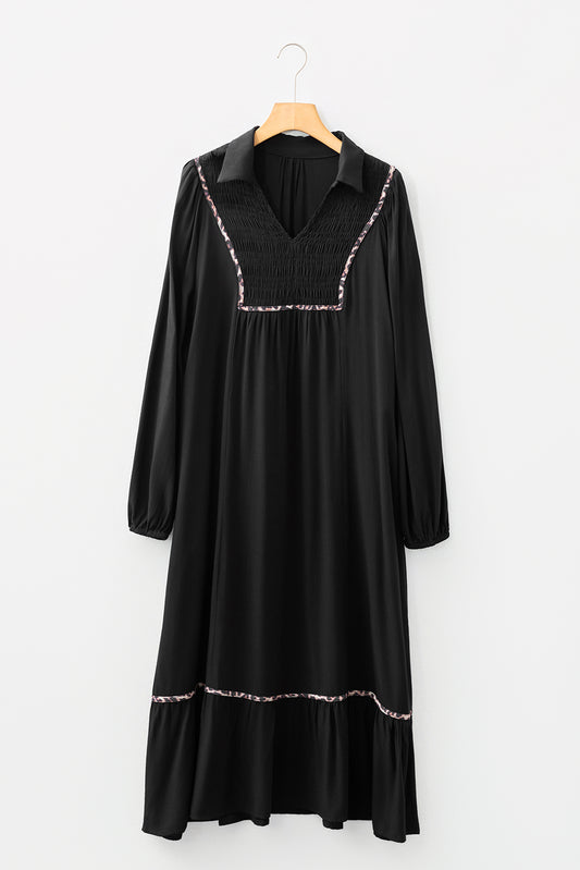 Black Collared V Neck Smocked Detail Contrast Leopard Trim Bracelet Sleeve Long Dress-TOPS / DRESSES-[Adult]-[Female]-2022 Online Blue Zone Planet