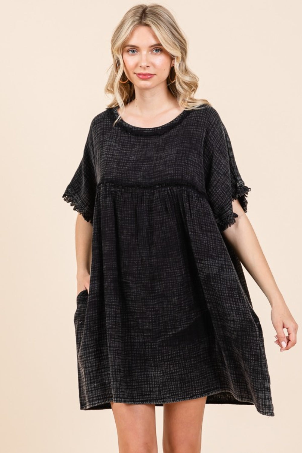 Blue Zone Planet | Culture Code Short Sleeve Babydoll Texture Dress with Pockets-TOPS / DRESSES-[Adult]-[Female]-Black-S-2022 Online Blue Zone Planet