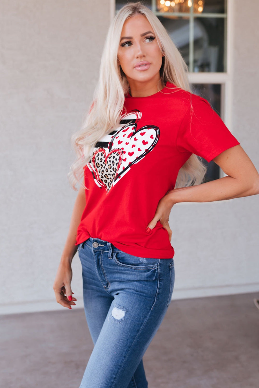 Red Leopard Striped Heart Shaped Print Crew Neck T Shirt-Graphic/Graphic Tees-[Adult]-[Female]-2022 Online Blue Zone Planet