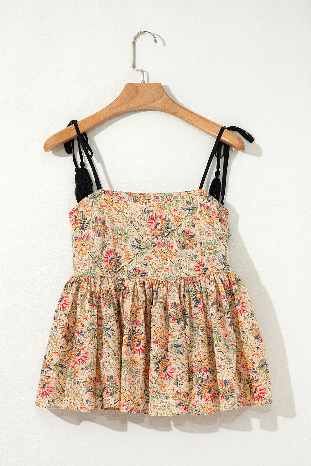 Apricot Floral Print Spaghetti Straps Ruffled Peplum Tank Top-Tops/Tank Tops-[Adult]-[Female]-2022 Online Blue Zone Planet