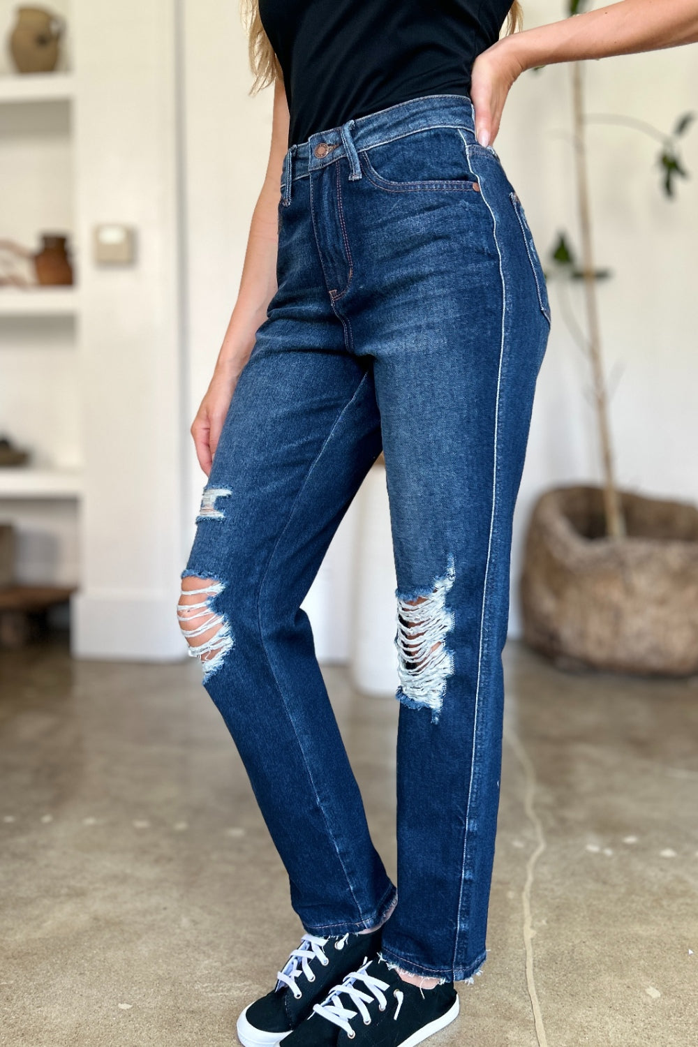 Blue Zone Planet | Judy Blue Full Size High Waist Rigid Magic Heavy Destroy Straight Jeans-TOPS / DRESSES-[Adult]-[Female]-2022 Online Blue Zone Planet