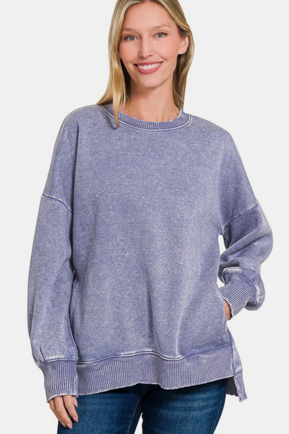 Zenana High-Low Acid Wash Fleece Sweatshirt-TOPS / DRESSES-[Adult]-[Female]-2022 Online Blue Zone Planet