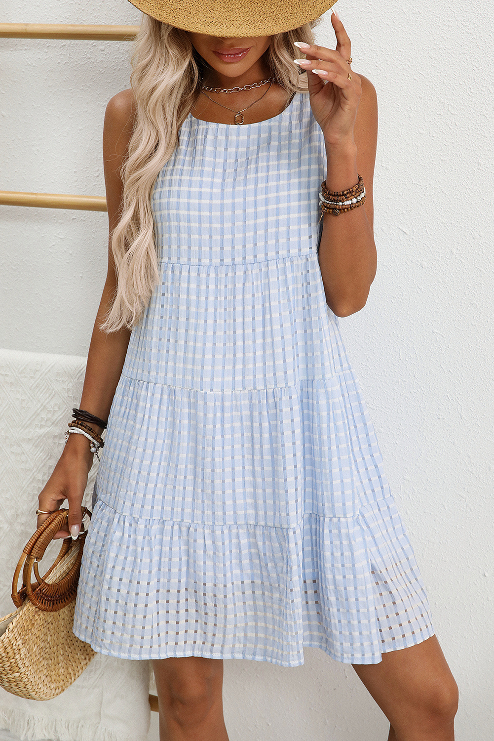 White Gingham High Waist Sleeveless Mini Dress-Short Dresses-[Adult]-[Female]-2022 Online Blue Zone Planet