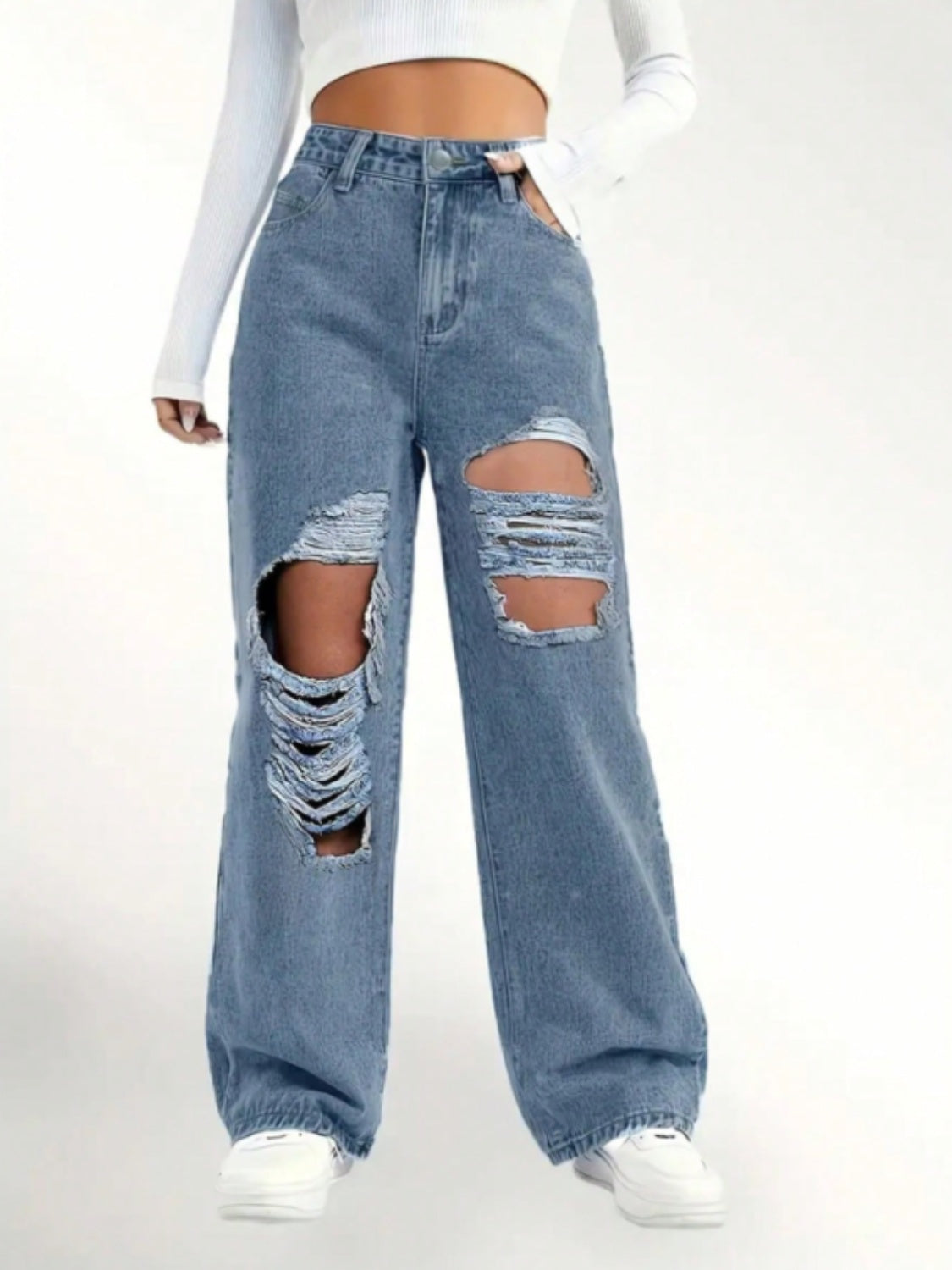 Distressed Wide Leg Jeans-BOTTOMS SIZES SMALL MEDIUM LARGE-[Adult]-[Female]-Medium-S-2022 Online Blue Zone Planet