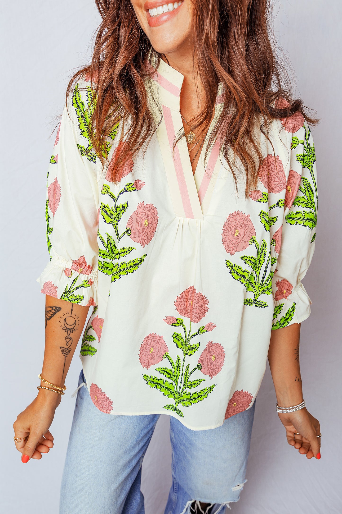 Casual Wild Flower Print V Neck 3/4 Sleeve Blouse-Tops/Blouses & Shirts-[Adult]-[Female]-Pink-S-2022 Online Blue Zone Planet