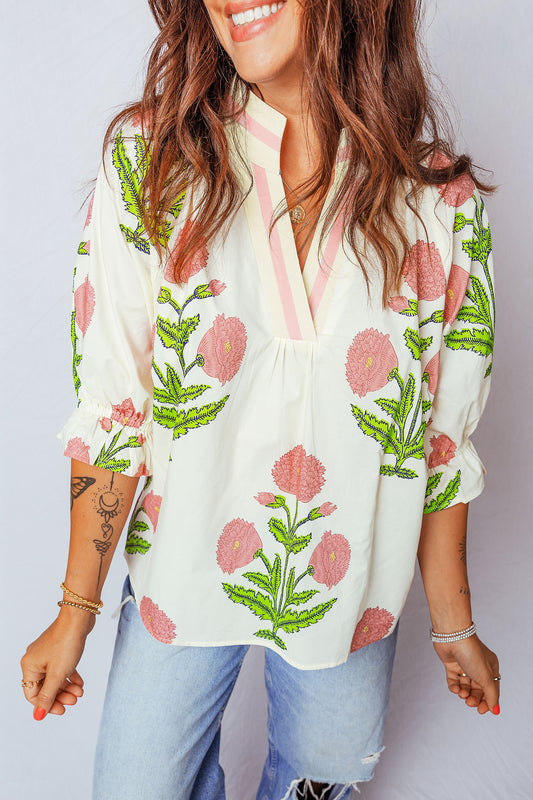 Casual Wild Flower Print V Neck 3/4 Sleeve Blouse-Tops/Blouses & Shirts-[Adult]-[Female]-Pink-S-2022 Online Blue Zone Planet
