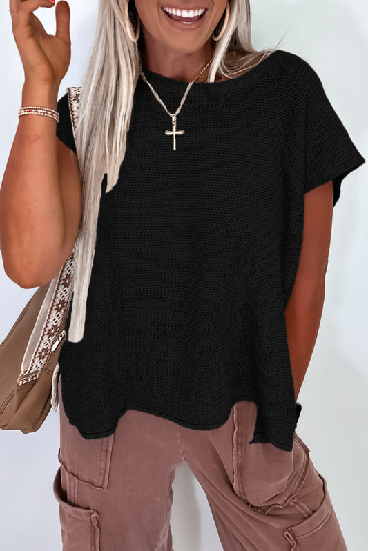 Black Solid Color Sweater Tee with Side Slits-Sweaters & Cardigans/Short Sleeve Sweaters-[Adult]-[Female]-Black-S-2022 Online Blue Zone Planet