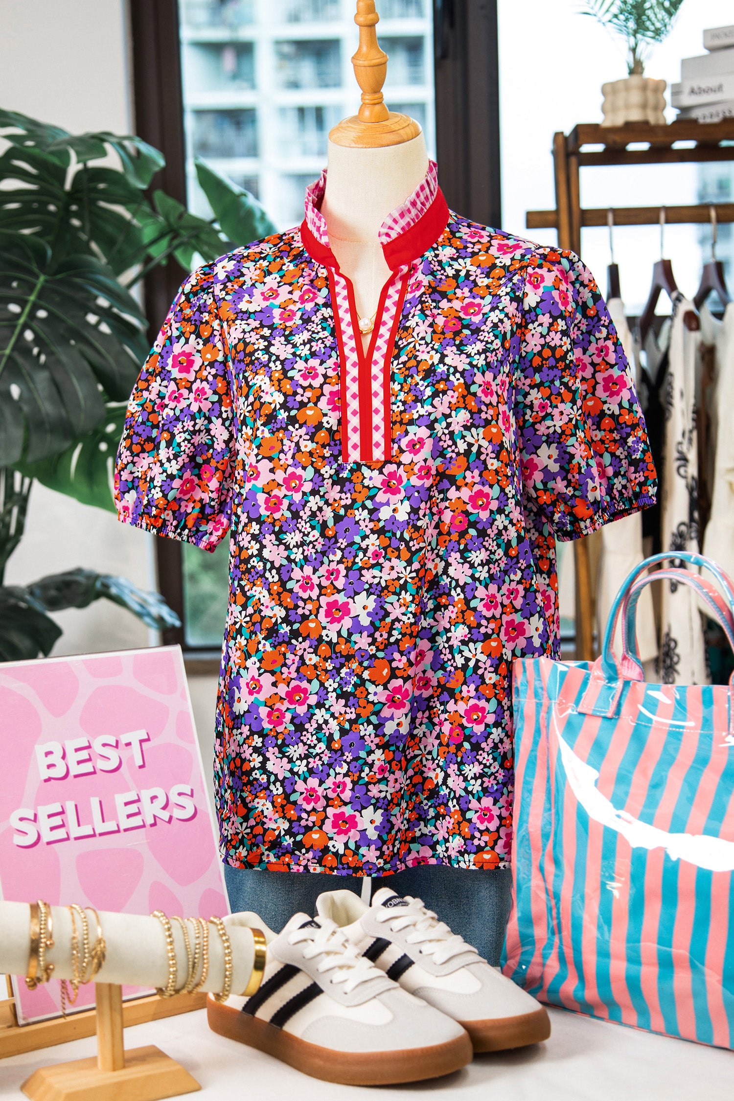 Purple Ditsy Floral Print Plaid Colorblock Trim V Neck Blouse-Tops/Blouses & Shirts-[Adult]-[Female]-2022 Online Blue Zone Planet