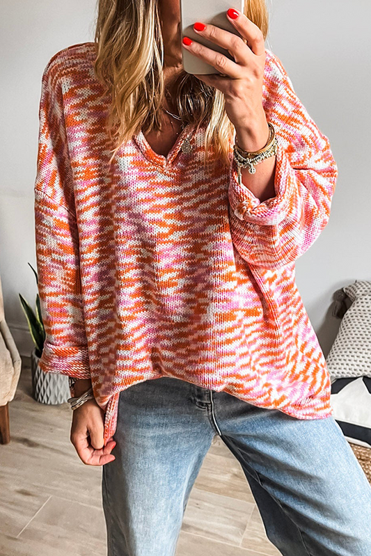 Orange Vibrant Abstract Print Drop Shoulder V Neck Tunic Oversized Sweater-Sweaters & Cardigans/Sweaters-[Adult]-[Female]-Orange-S-2022 Online Blue Zone Planet