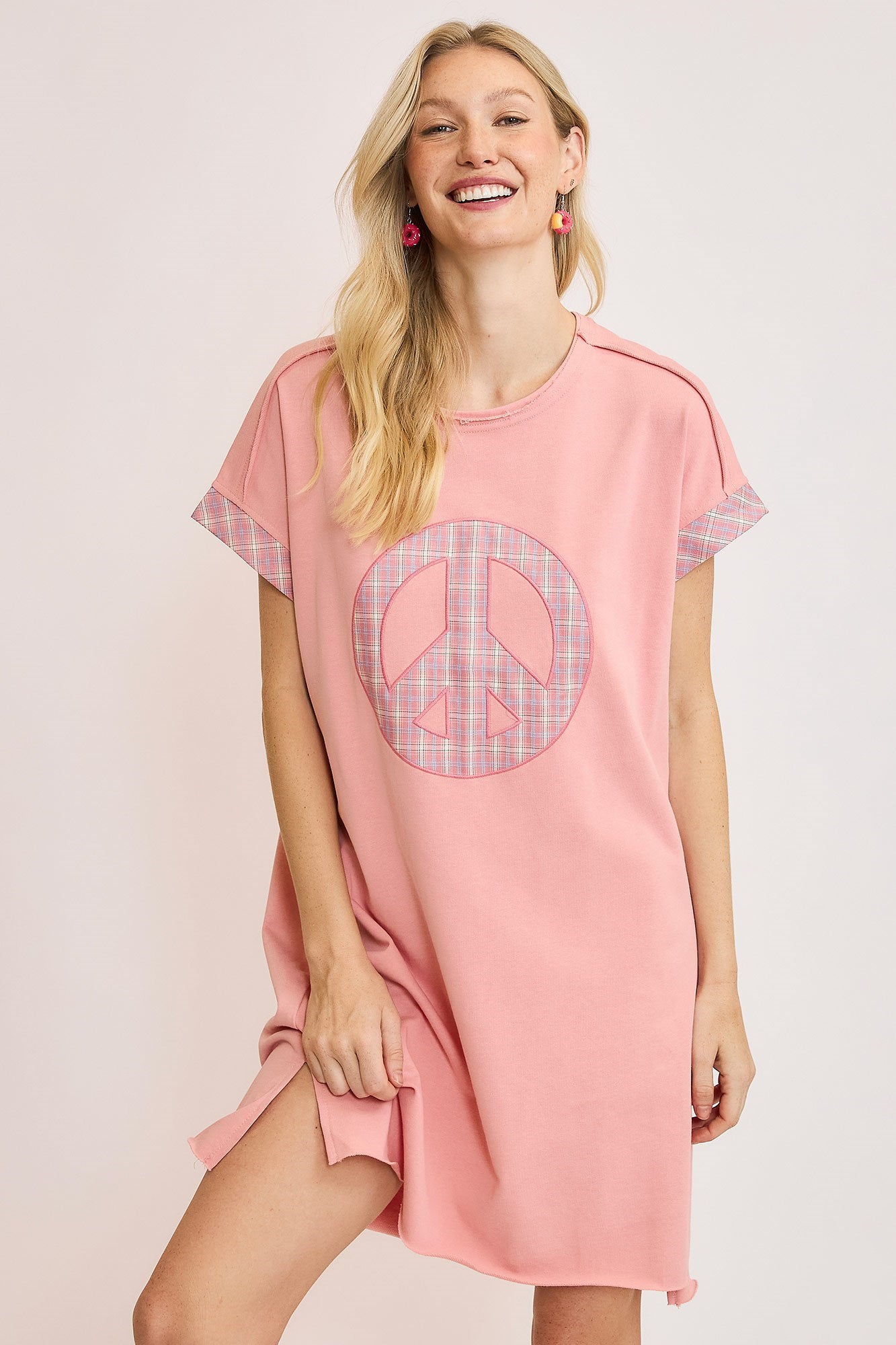 Umgee Peace Plaid Applique Short Sleeve Mini Dress-TOPS / DRESSES-[Adult]-[Female]-2022 Online Blue Zone Planet
