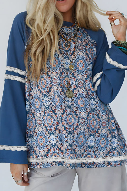 Lace Detail Geometric Round Neck Long Sleeve Top-TOPS / DRESSES-[Adult]-[Female]-Dusty Blue-S-2022 Online Blue Zone Planet