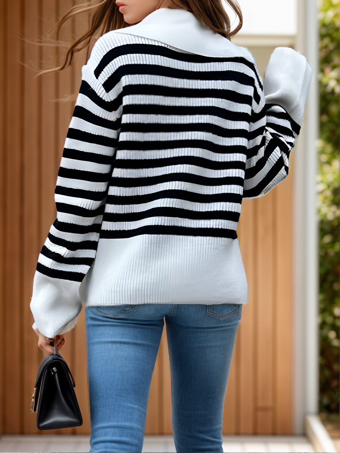 Blue Zone Planet | Striped Collared Neck Long Sleeve Sweater-TOPS / DRESSES-[Adult]-[Female]-2022 Online Blue Zone Planet