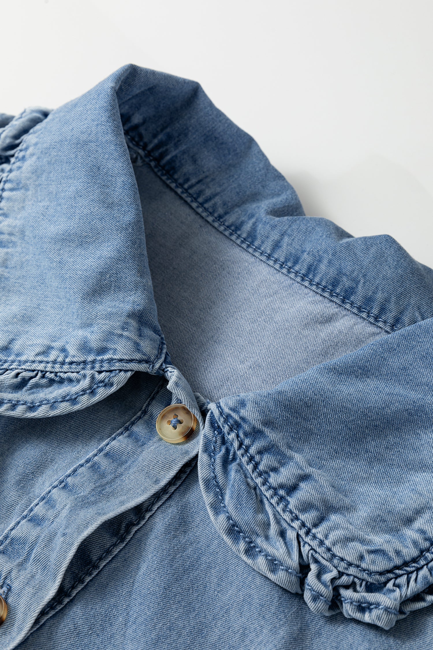 Beau Blue Ruffled Peter Pan Collar Western Denim Shirt-Tops/Blouses & Shirts-[Adult]-[Female]-2022 Online Blue Zone Planet