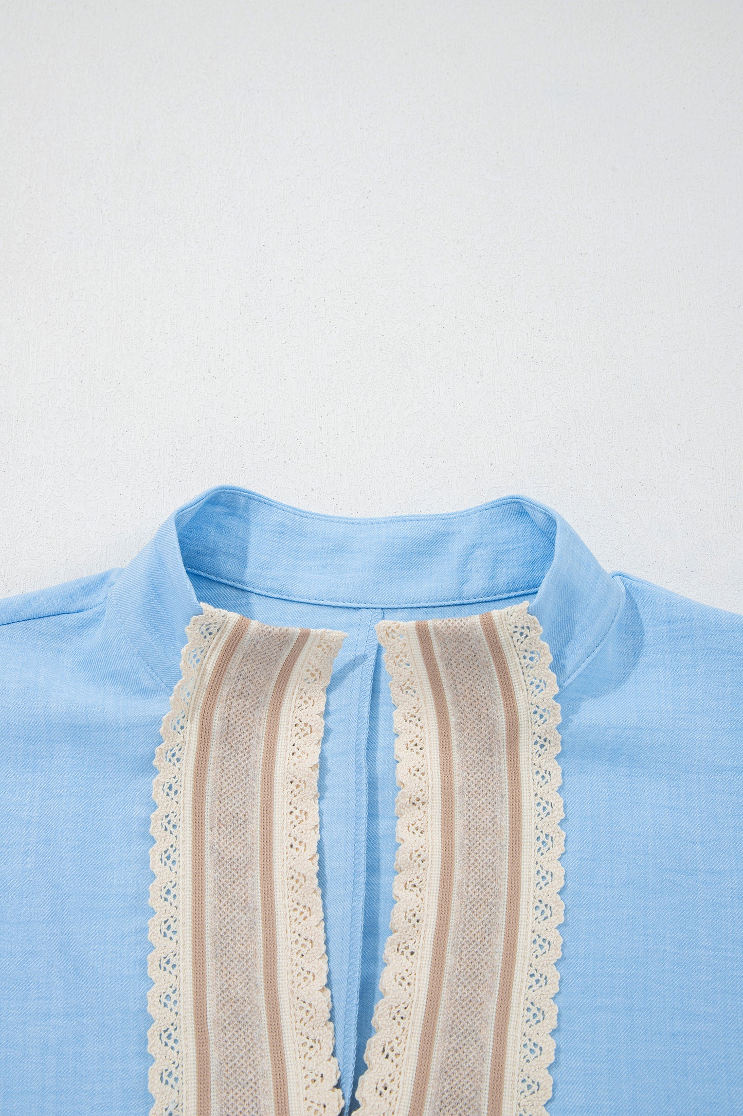 Beau Blue Crochet Lace Accent Pullover Rolled Short Sleeve Blouse-Tops/Blouses & Shirts-[Adult]-[Female]-2022 Online Blue Zone Planet