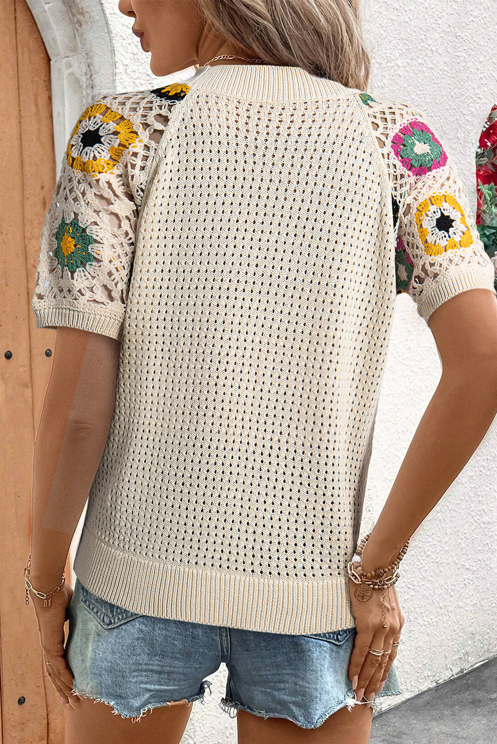 Blue Zone Planet | Apricot Hollow Out Floral Crochet Short Sleeve Crewneck Sweater-Short Sleeve Sweater-[Adult]-[Female]-2022 Online Blue Zone Planet