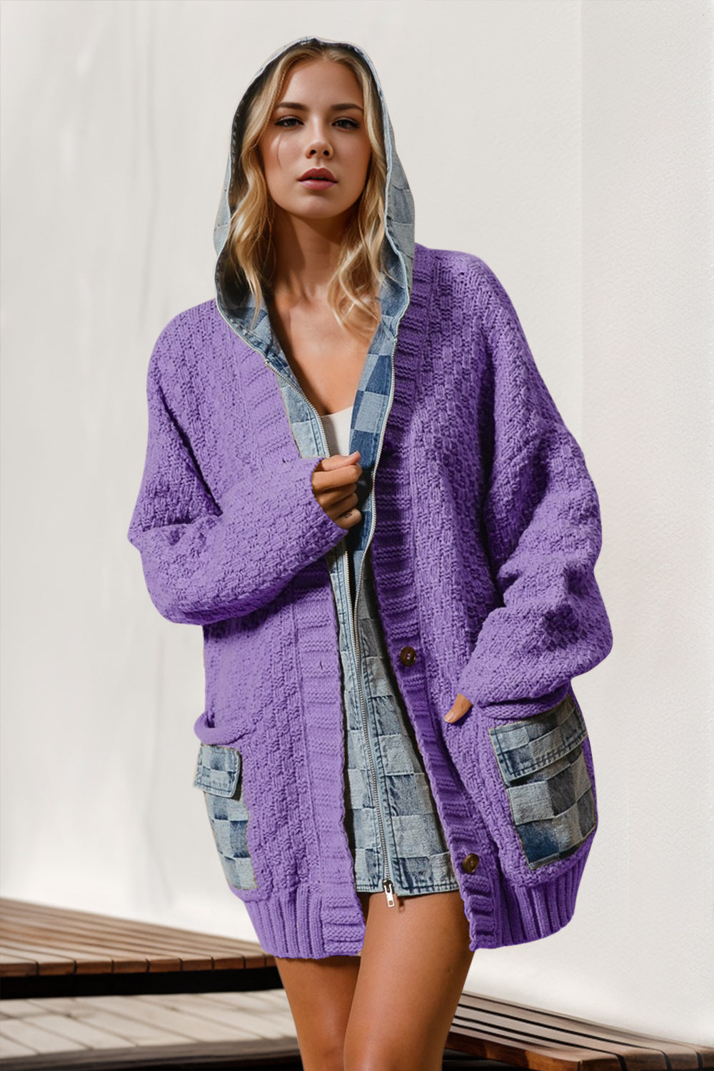 Double Take Full Size Hooded Denim Spliced Sweater Cardigan-TOPS / DRESSES-[Adult]-[Female]-Lavender-S/M-2022 Online Blue Zone Planet