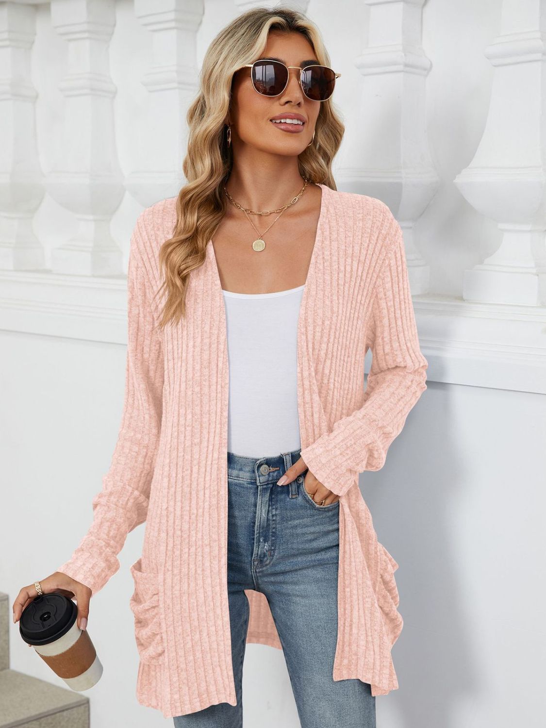 Blue Zone Planet | Pocketed Open Front Long Sleeve Cardigan-TOPS / DRESSES-[Adult]-[Female]-Watermelon pink-S-2022 Online Blue Zone Planet