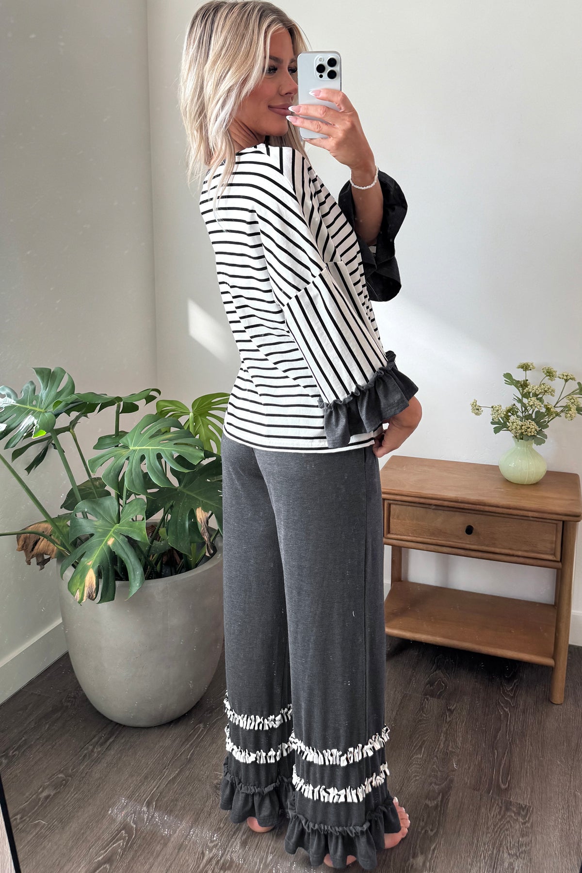 Gray Stripe V Neck Ruffle Contrast Sleeve Top Drawstring Pants 2pcs Set-Two Piece Sets/Pant Sets-[Adult]-[Female]-2022 Online Blue Zone Planet