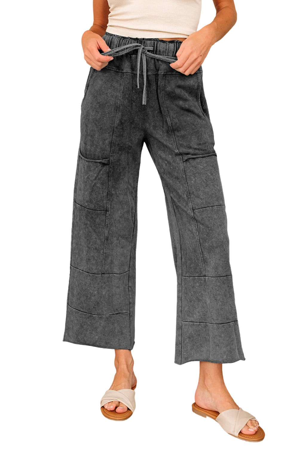 Medium Grey Mineral Wash Lace-Up High Waist Raw Hem Patched Pocket Pants-Bottoms/Pants & Culotte-[Adult]-[Female]-2022 Online Blue Zone Planet