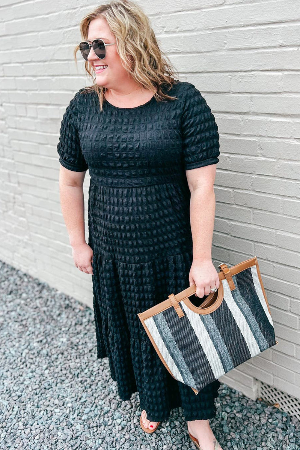 Black Plus Size Textured Tiered Short Sleeve Maxi Dress-TOPS / DRESSES-[Adult]-[Female]-2022 Online Blue Zone Planet