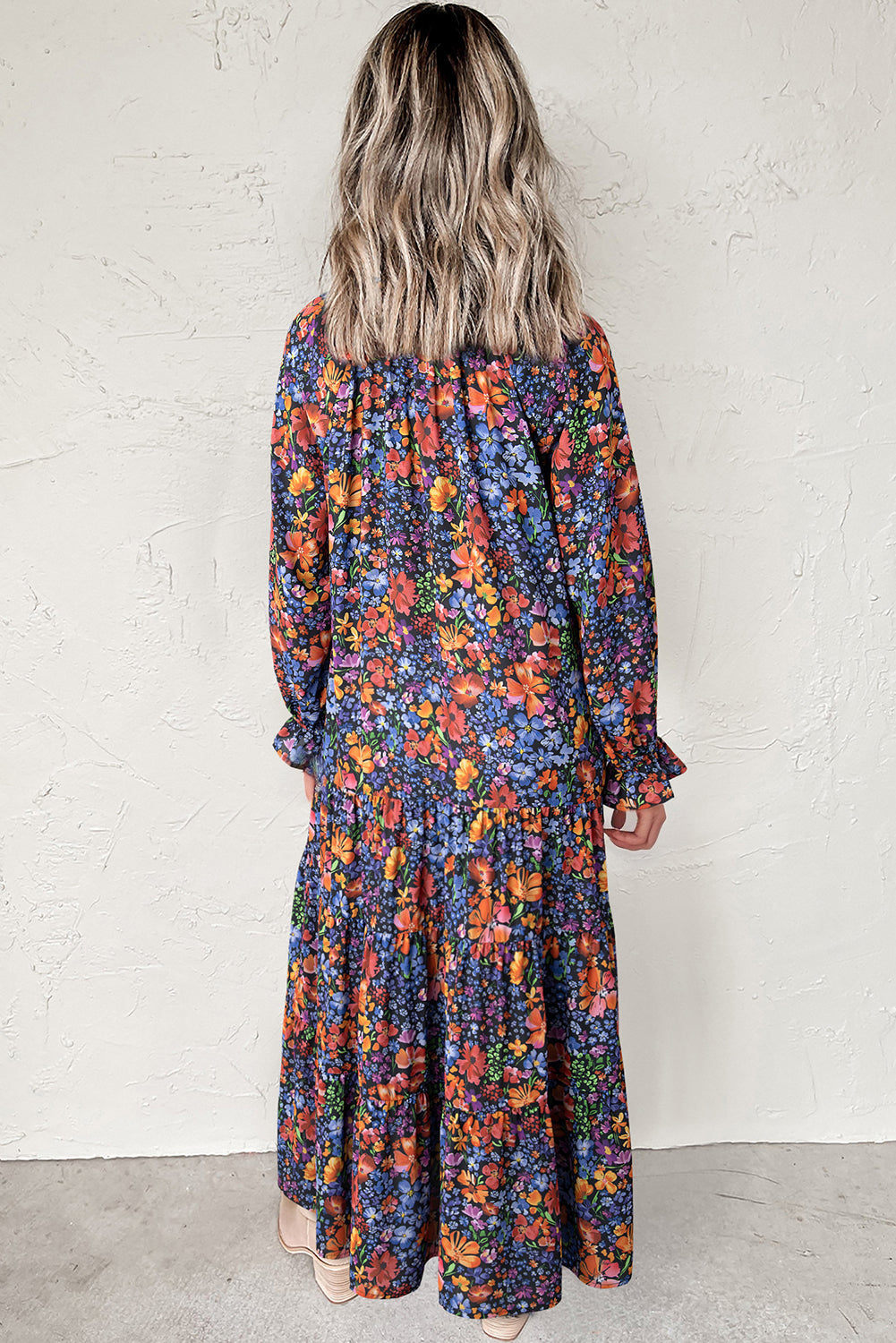 Blue Floral Print Tassel Tie V Neck Long Sleeve Flowy Long Dress-TOPS / DRESSES-[Adult]-[Female]-2022 Online Blue Zone Planet
