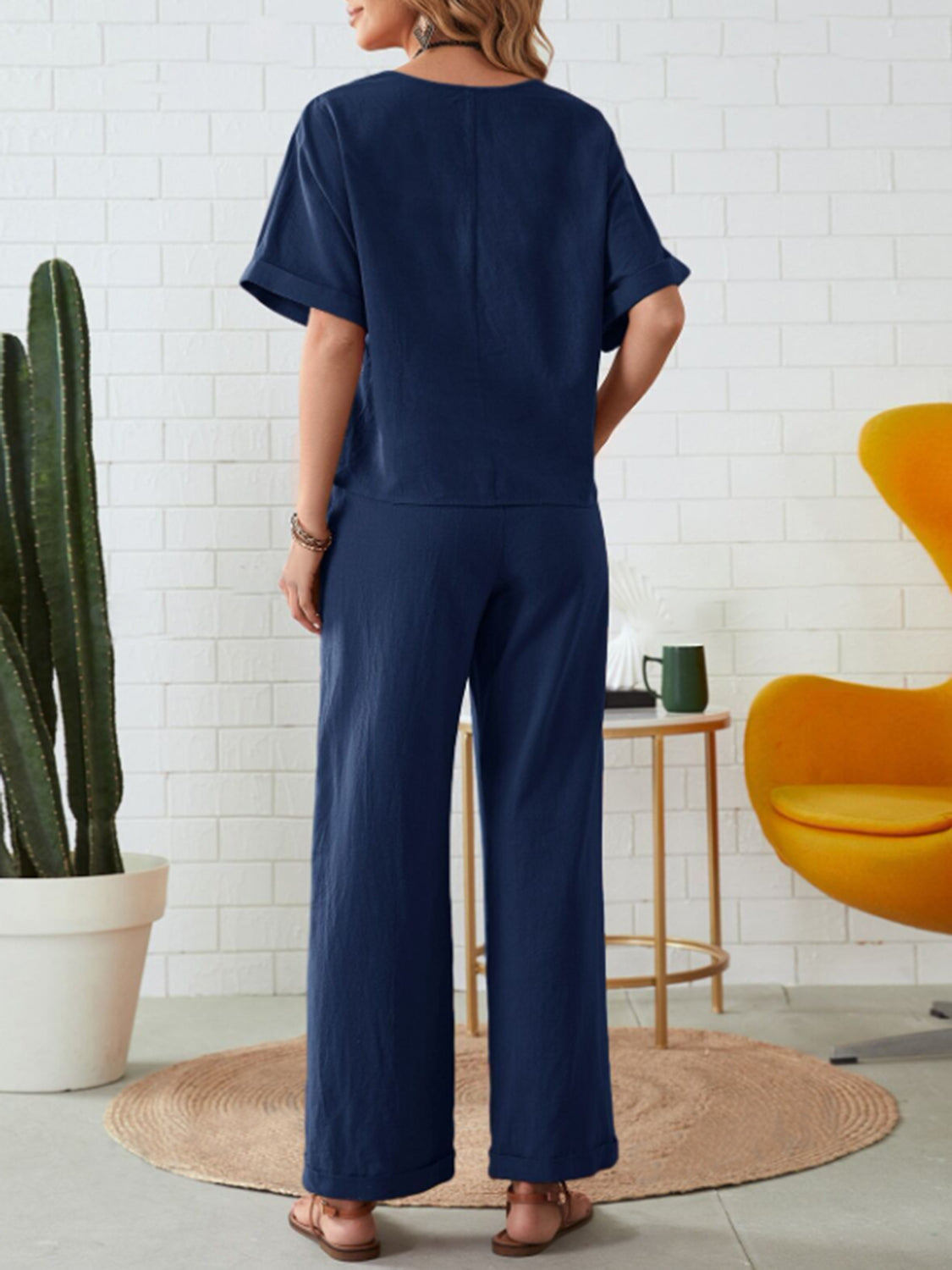 Blue Zone Planet | Round Neck Half Sleeve Top and Pocketed Pants Set-TOPS / DRESSES-[Adult]-[Female]-2022 Online Blue Zone Planet