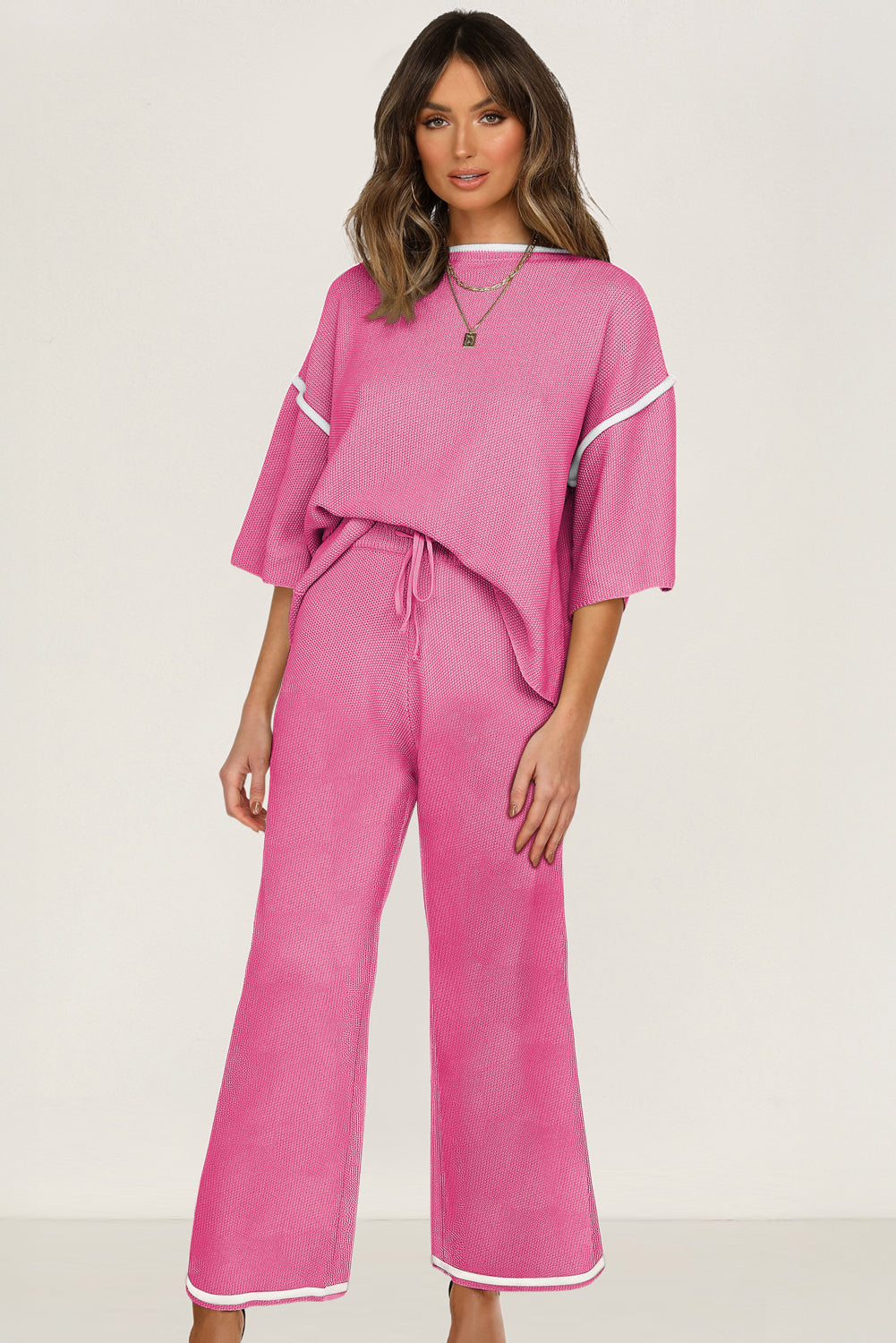 Bright Pink Contrast Trim Half Sleeve Top Drawstring Pants Loose 2pcs Sweater Suit-TOPS / DRESSES-[Adult]-[Female]-2022 Online Blue Zone Planet