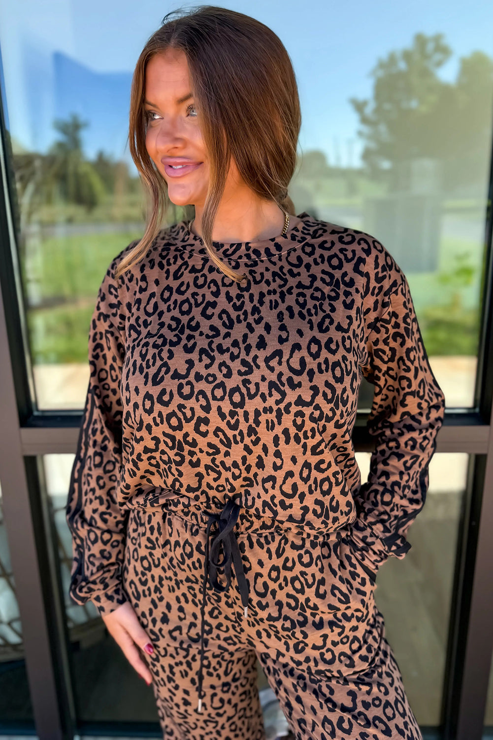 Brown Varsity Striped Trim Leopard Long Sleeve Top Drawstring Pant Set-Two Piece Sets/Pant Sets-[Adult]-[Female]-2022 Online Blue Zone Planet