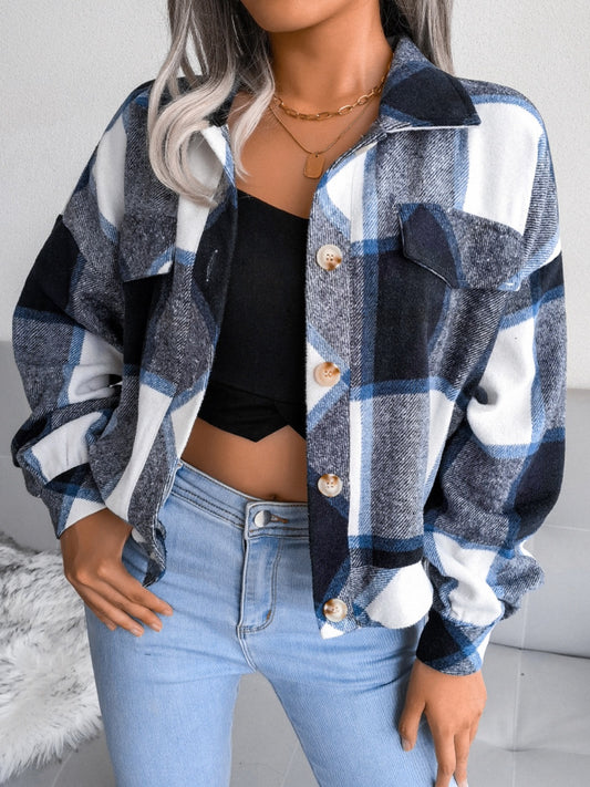 Plaid Collared Neck Long Sleeve Jacket-TOPS / DRESSES-[Adult]-[Female]-2022 Online Blue Zone Planet