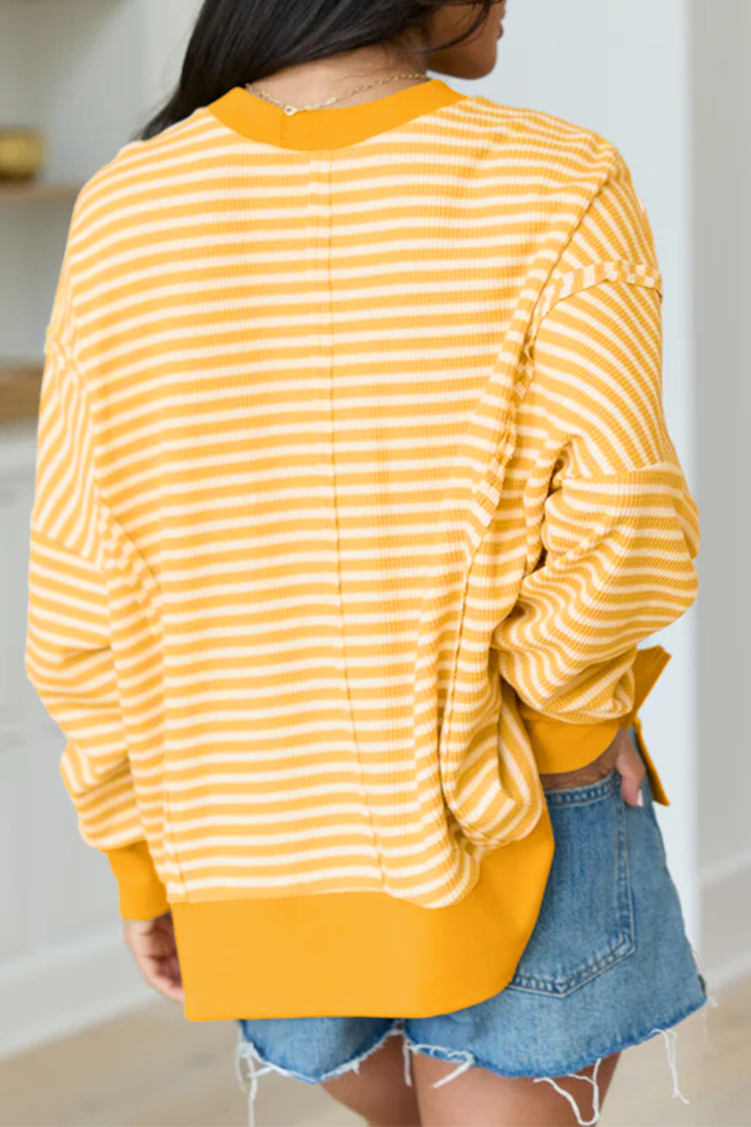Khaki Stripe Textured Knit Color Block Trim Split Hem Long Sleeve Top-Tops/Long Sleeve Tops-[Adult]-[Female]-2022 Online Blue Zone Planet