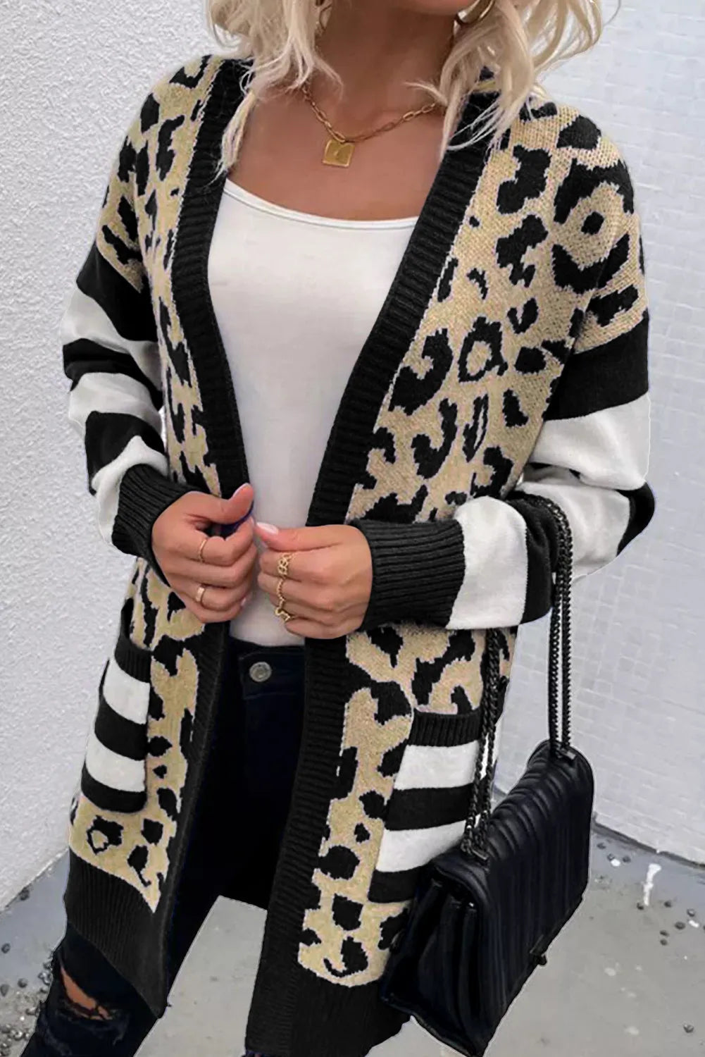 Leopard Open Front Long Sleeve Cardigan-TOPS / DRESSES-[Adult]-[Female]-Black-XL-2022 Online Blue Zone Planet