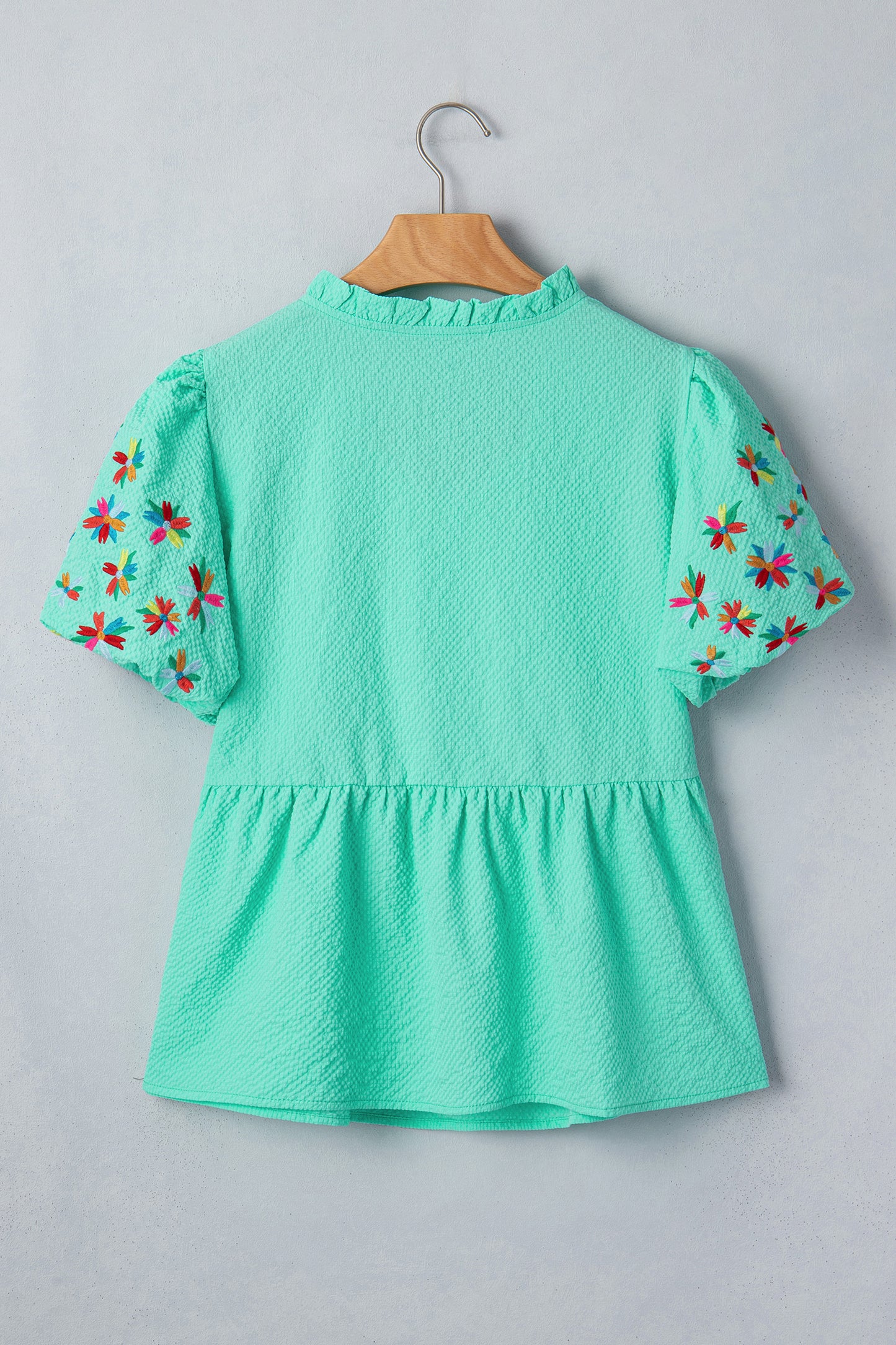 Mint Green Frilled V Neck Flower Embroidered Puff Sleeve Textured Blouse-Tops/Blouses & Shirts-[Adult]-[Female]-2022 Online Blue Zone Planet