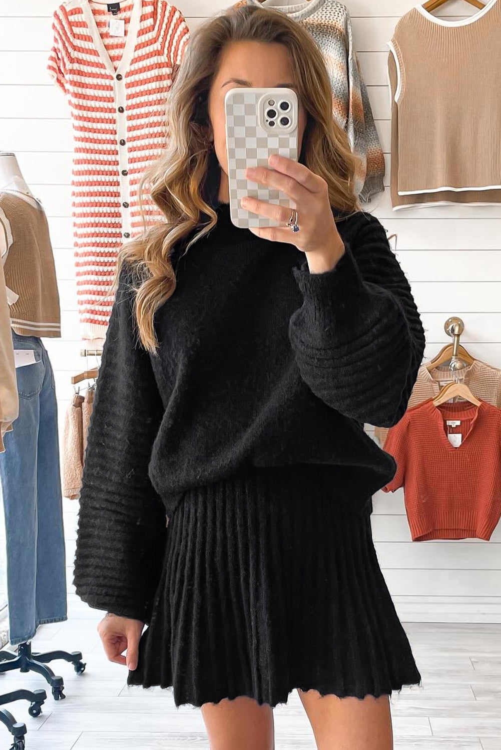 Black High Neck Puff Sleeve Sweater Pleated Mini Skirt 2pcs Knitted Outfit-Two Piece Sets/Two Piece Dresses-[Adult]-[Female]-2022 Online Blue Zone Planet
