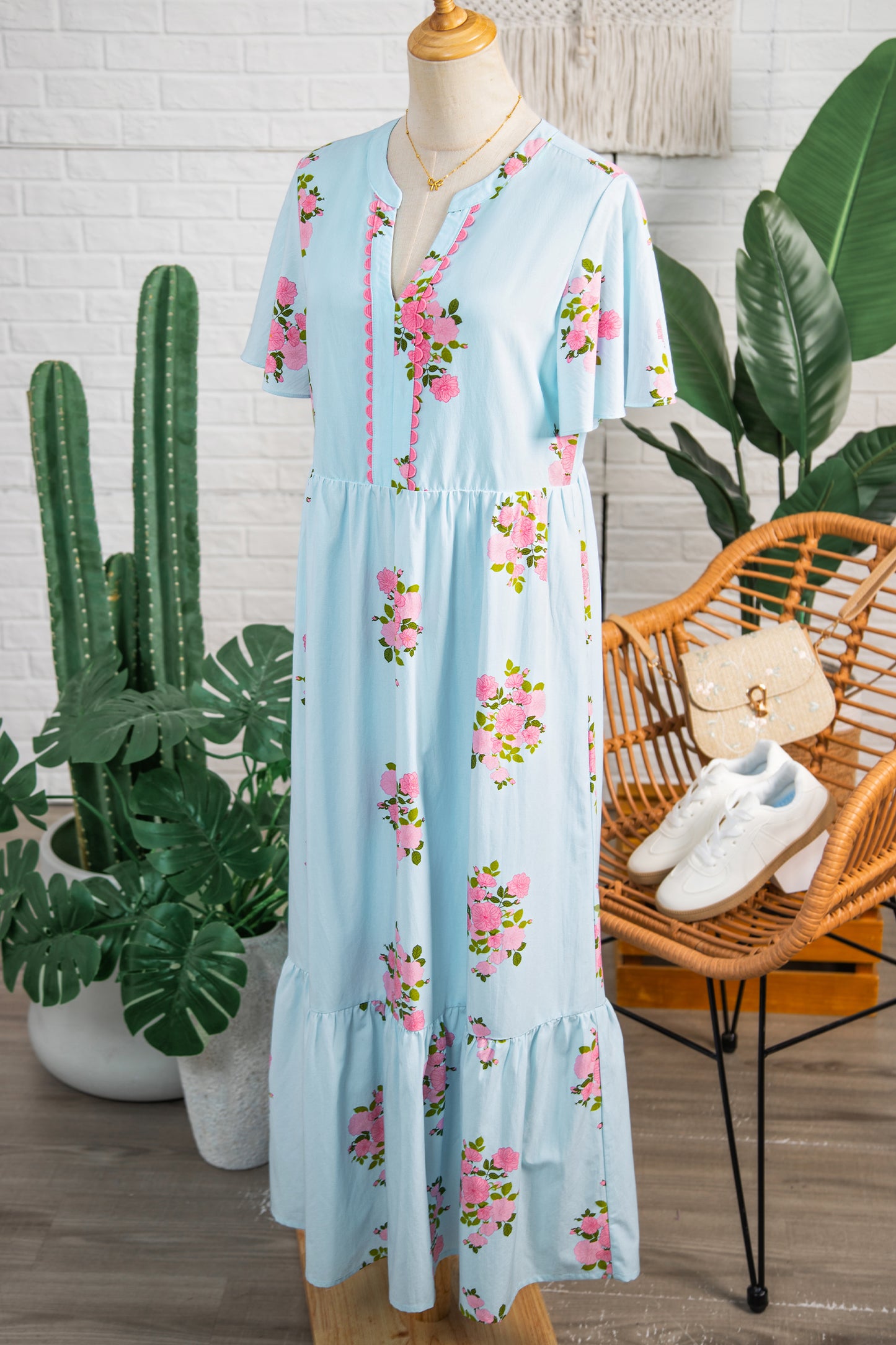 Sky Blue Notched Neck Flutter Short Sleeve Floral Print Maxi Dress-TOPS / DRESSES-[Adult]-[Female]-2022 Online Blue Zone Planet
