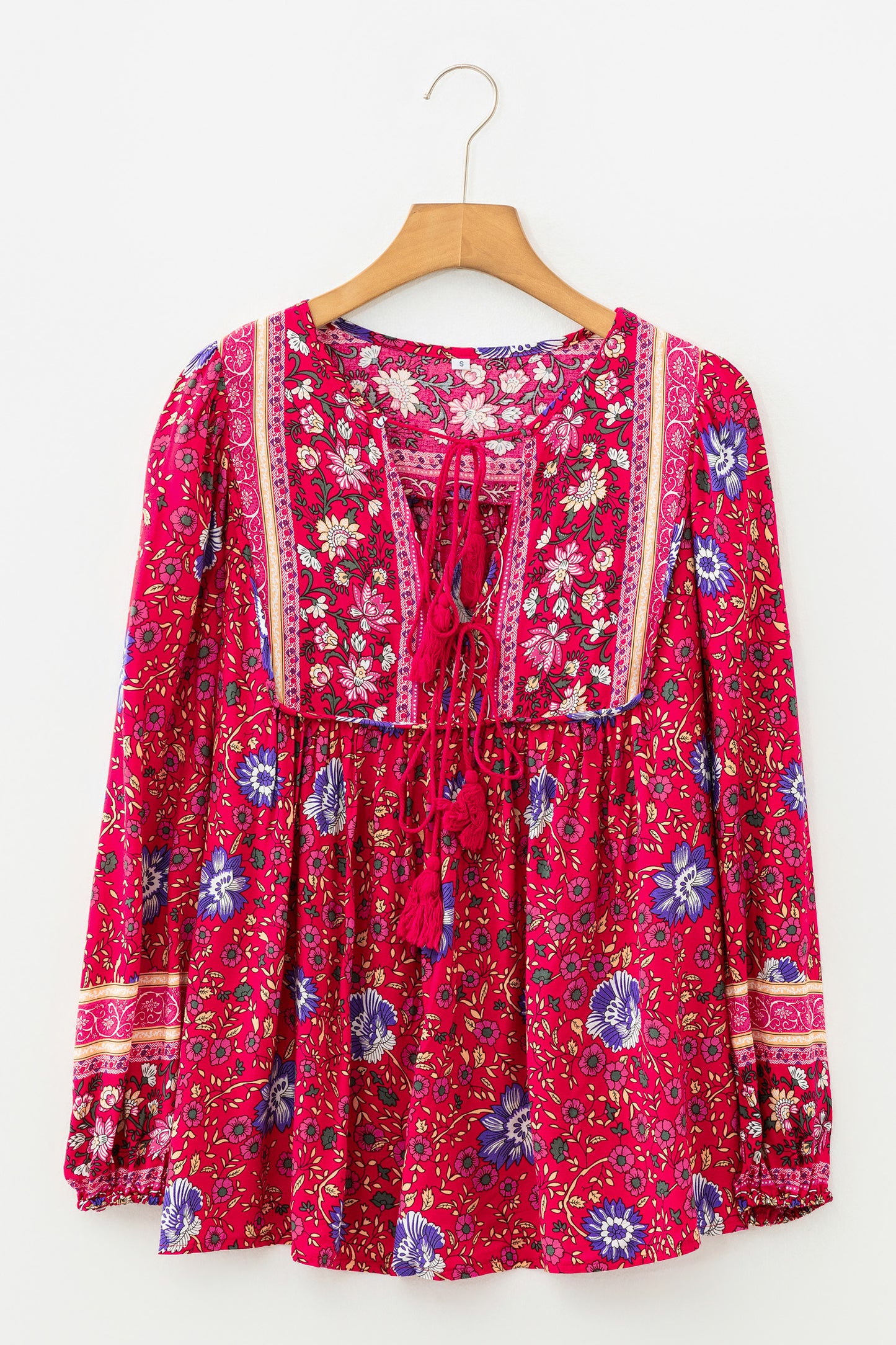 Blue Bohemian Floral Print Tassel Tie Front Long Sleeve Blouse-Tops/Blouses & Shirts-[Adult]-[Female]-2022 Online Blue Zone Planet