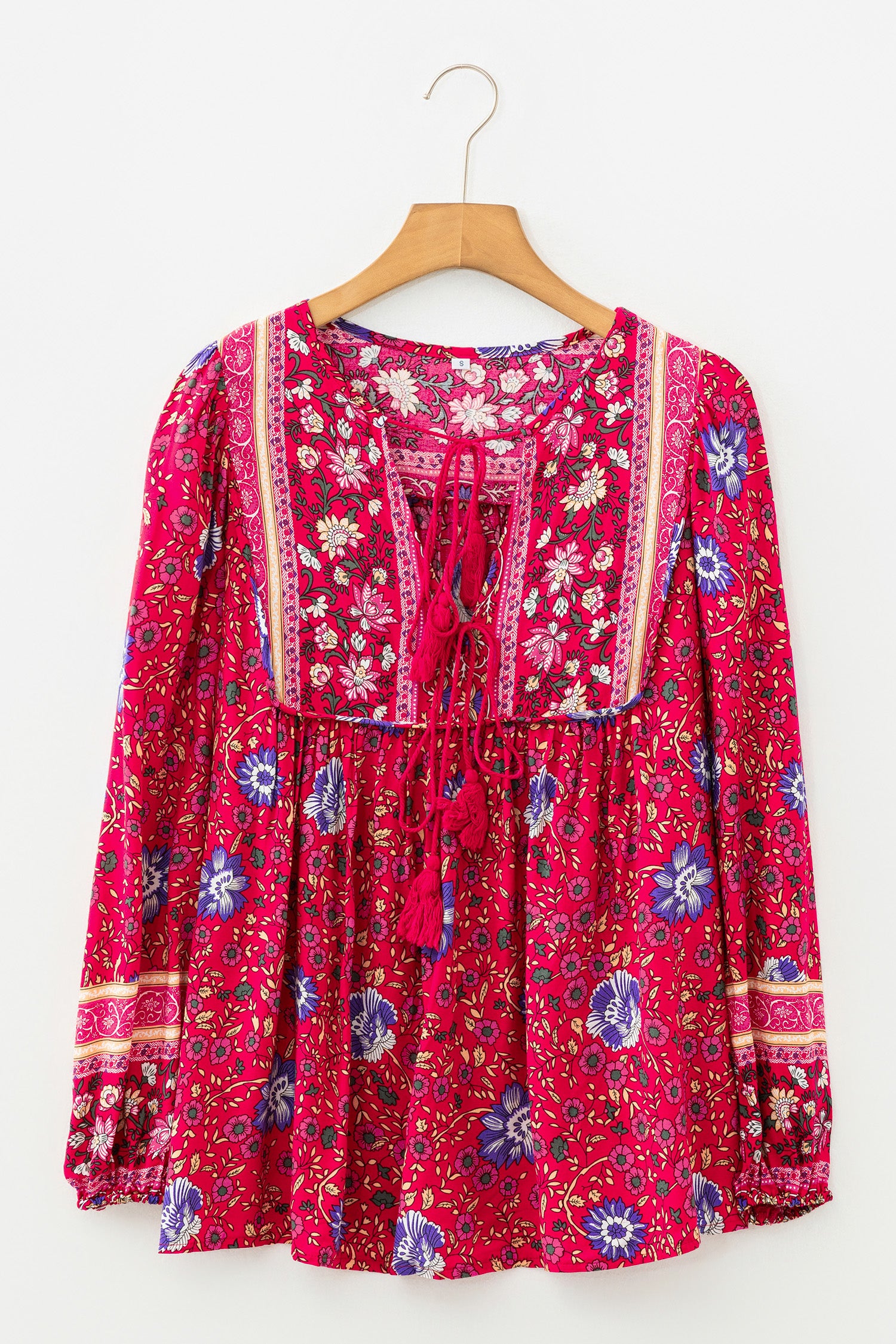 Blue Bohemian Floral Print Tassel Tie Front Long Sleeve Blouse-Tops/Blouses & Shirts-[Adult]-[Female]-2022 Online Blue Zone Planet