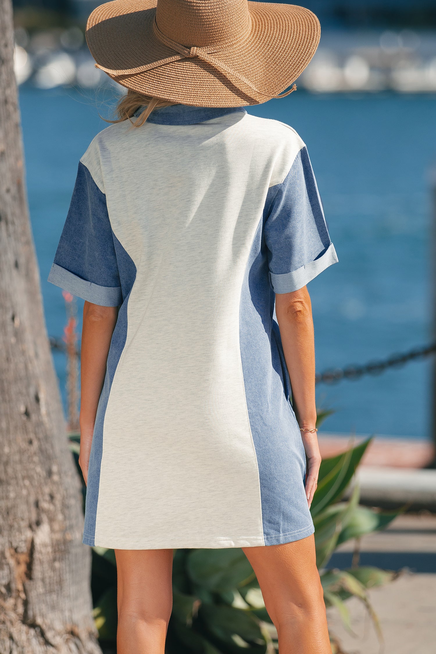 Light Grey Denim Color Block Patchwork Button Polo Collar T Shirt Tunic Dress-TOPS / DRESSES-[Adult]-[Female]-2022 Online Blue Zone Planet