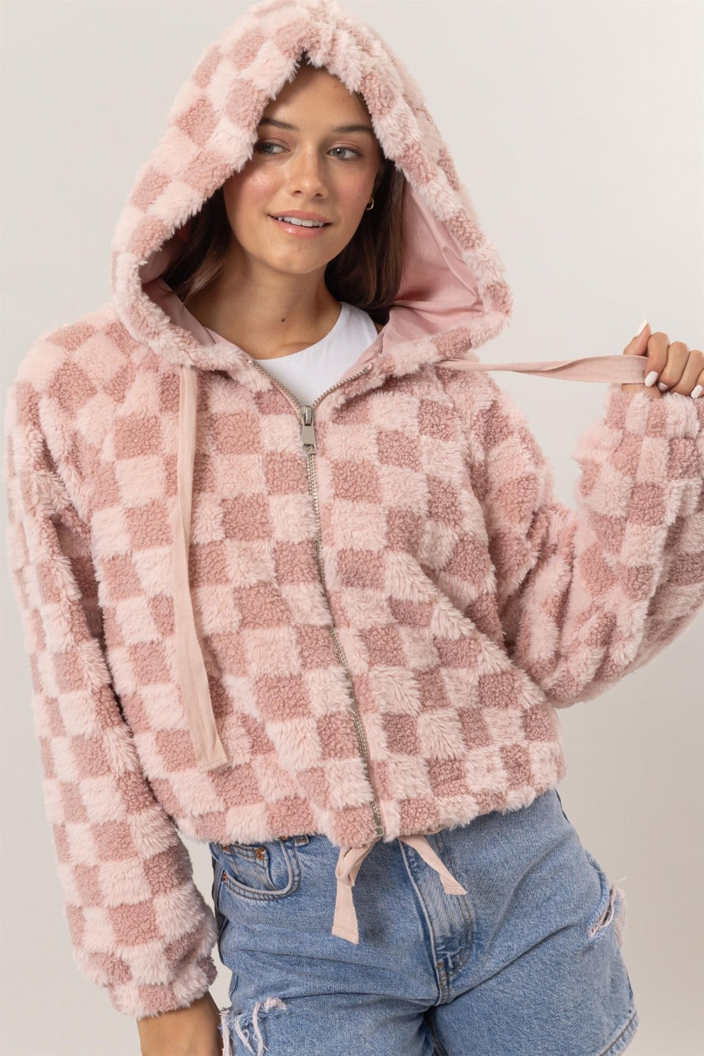 HYFVE Zip Up Sherpa Checkered Hooded Jacket-TOPS / DRESSES-[Adult]-[Female]-Blush-S-2022 Online Blue Zone Planet