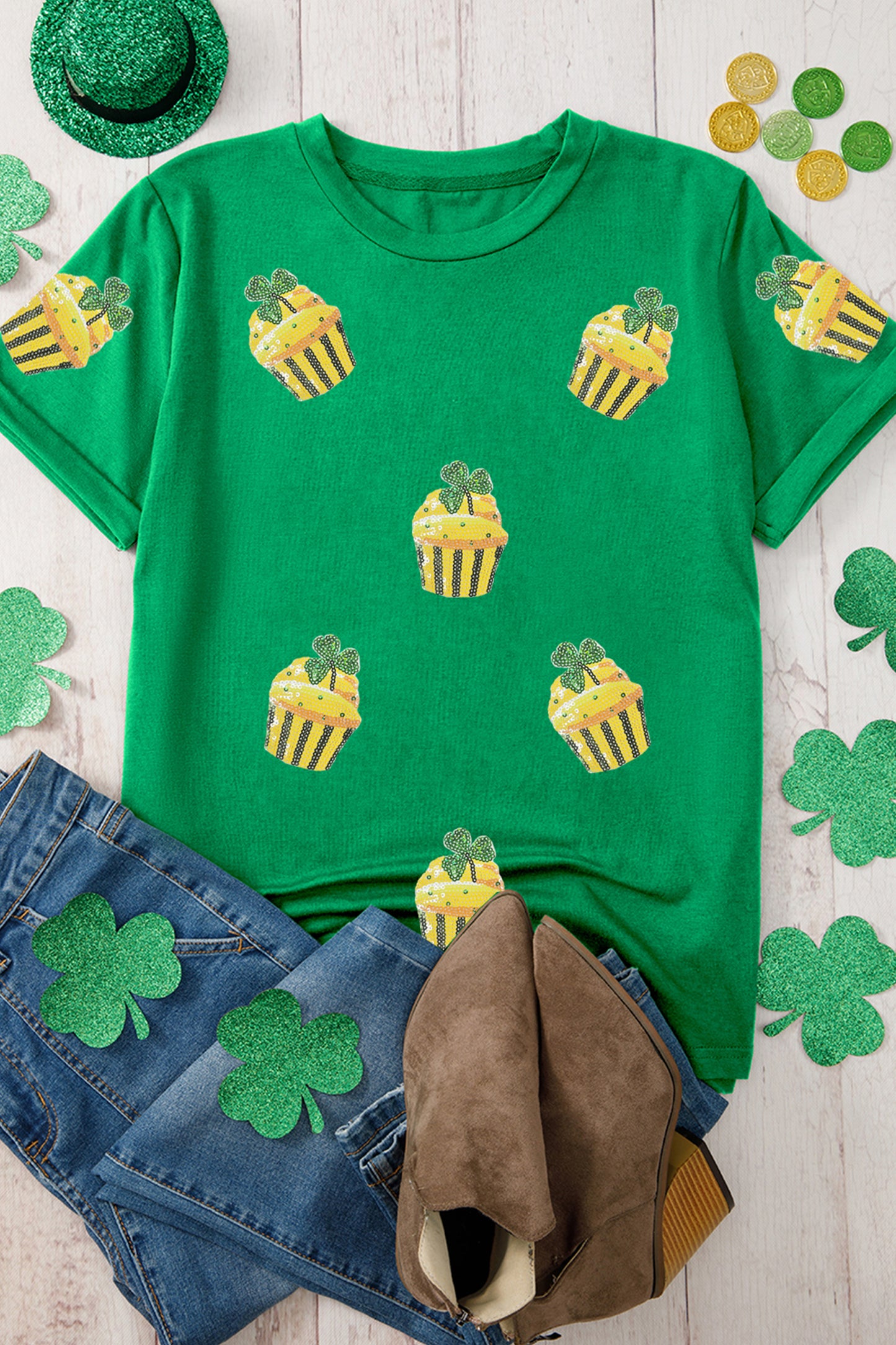 Bright Green St Patricks Day Sequin Cupcake Graphic T Shirt-Graphic/Graphic Tees-[Adult]-[Female]-2022 Online Blue Zone Planet