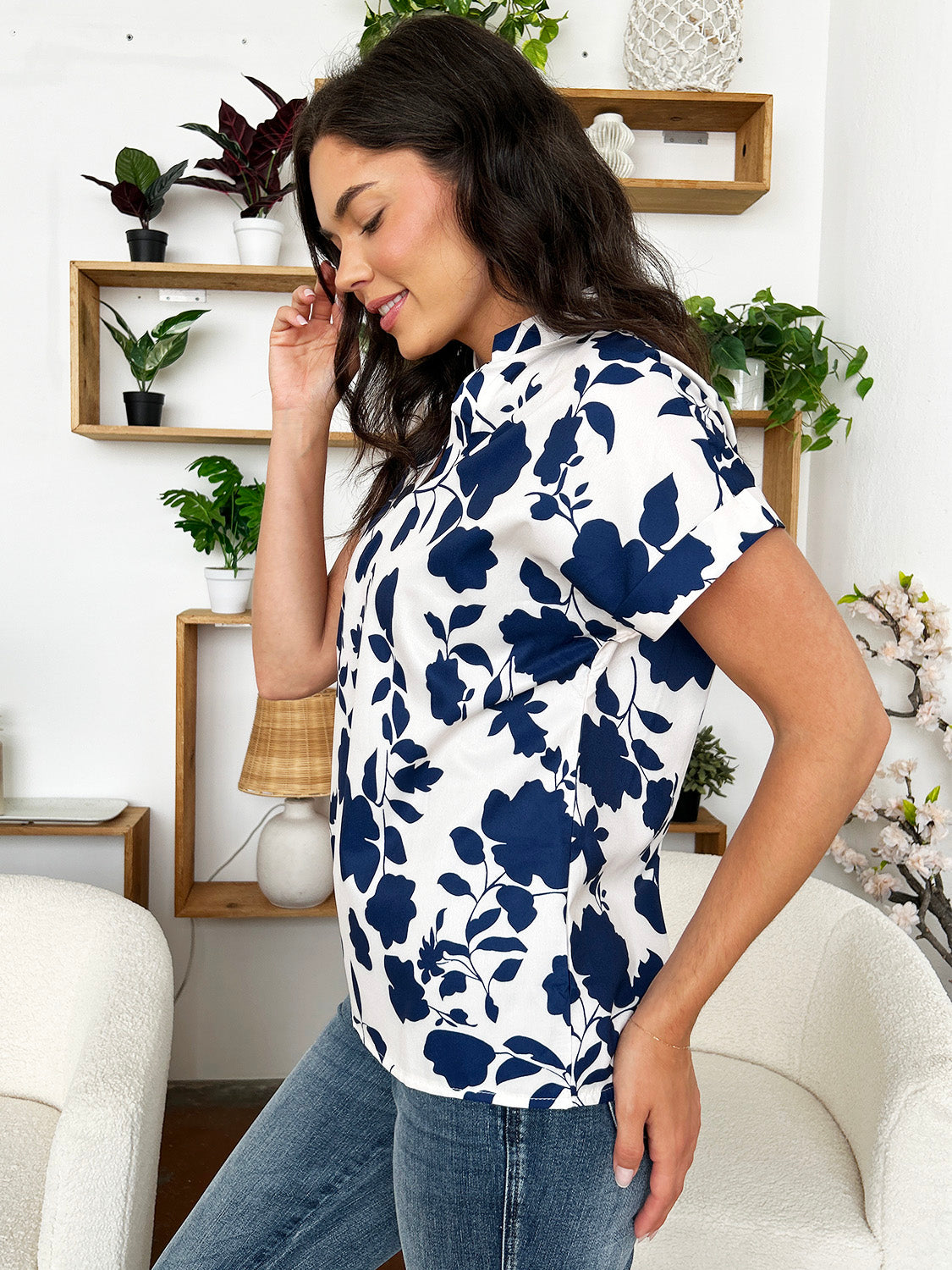 Flower Notched Short Sleeve Blouse-TOPS / DRESSES-[Adult]-[Female]-2022 Online Blue Zone Planet