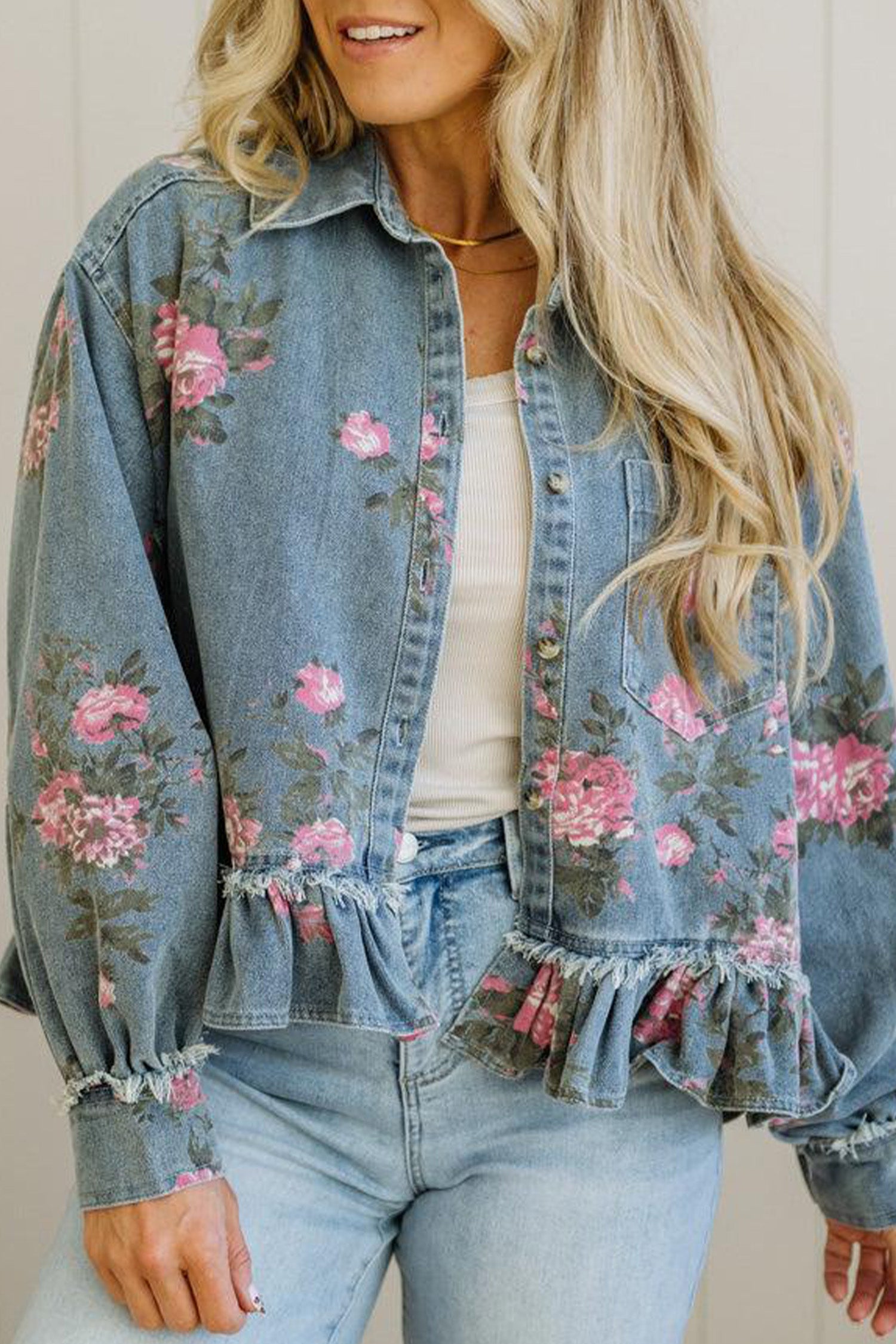 Sky Blue Floral Print Raw Seam Ruffle Hem Denim Jacket-Outerwear/Denim jackets-[Adult]-[Female]-2022 Online Blue Zone Planet