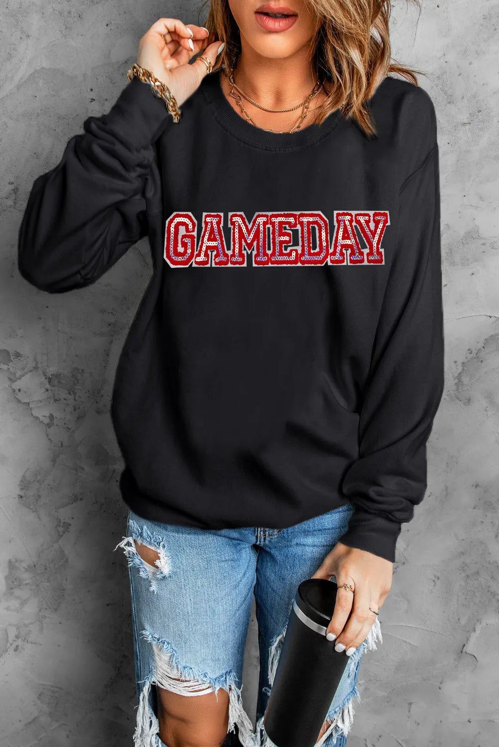 GAME DAY Round Neck Long Sleeve Sweatshirt-TOPS / DRESSES-[Adult]-[Female]-2022 Online Blue Zone Planet