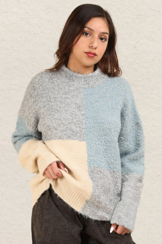 Blue Zone Planet | VERY J Color Block Mock Neck Drop Shoulder Sweater-TOPS / DRESSES-[Adult]-[Female]-Grey-S-2022 Online Blue Zone Planet