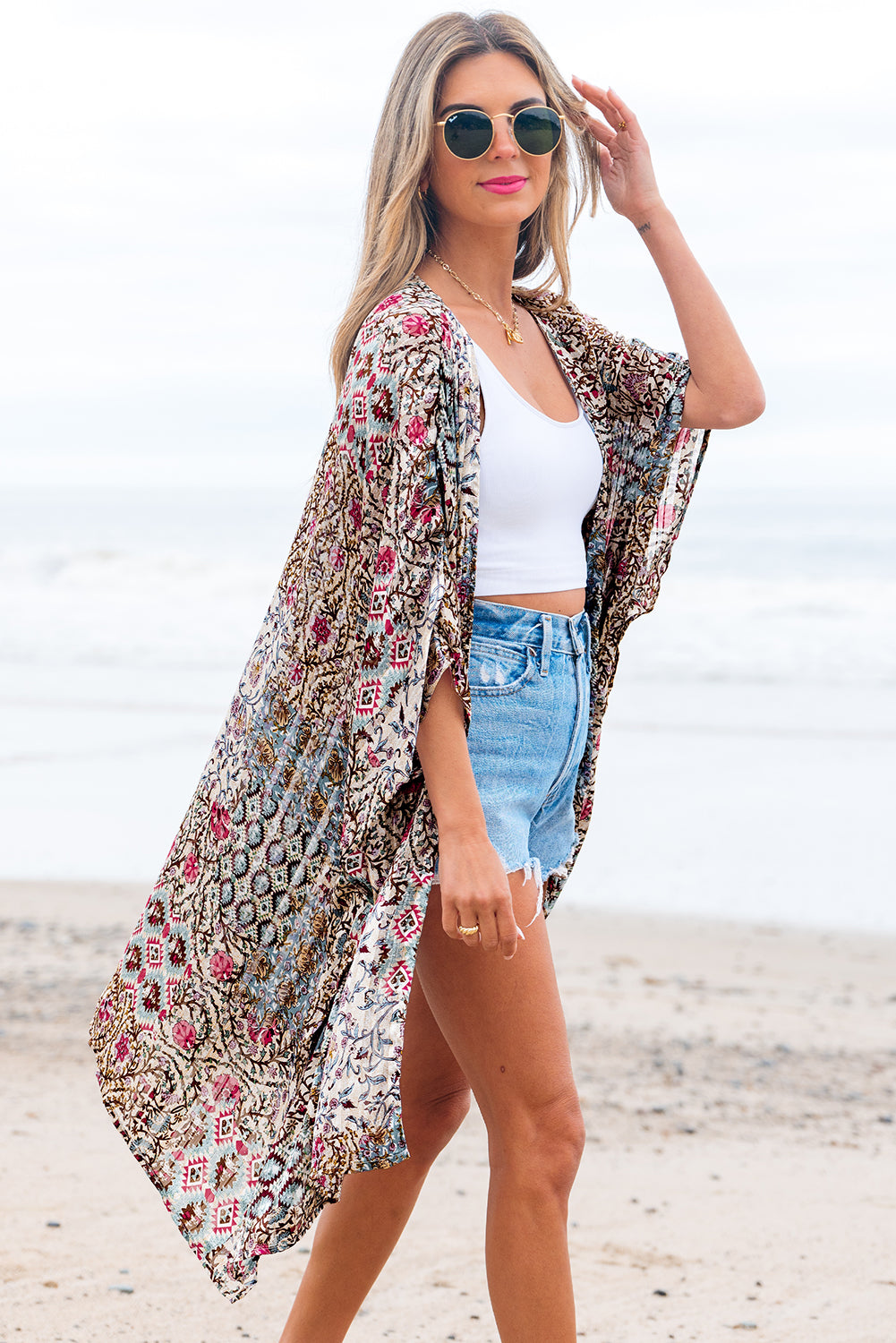Apricot Floral Print Short Wide Sleeve Open Front Loose Kimono-Outerwear/Kimonos-[Adult]-[Female]-2022 Online Blue Zone Planet