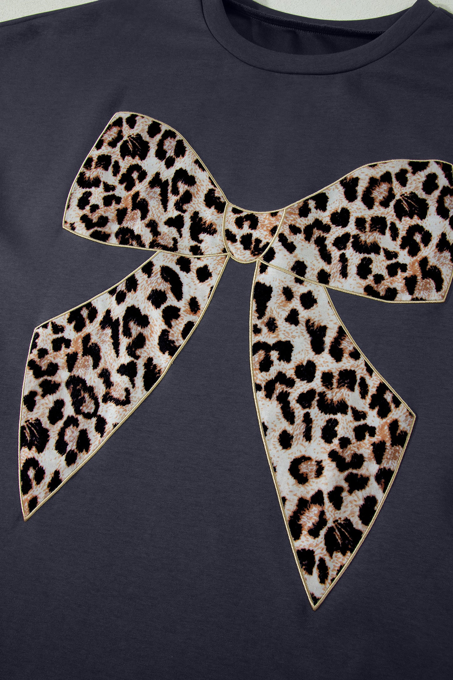Dark Grey Contrast Leopard Bow Patched Short Sleeve T Shirt Long Dress-TOPS / DRESSES-[Adult]-[Female]-2022 Online Blue Zone Planet