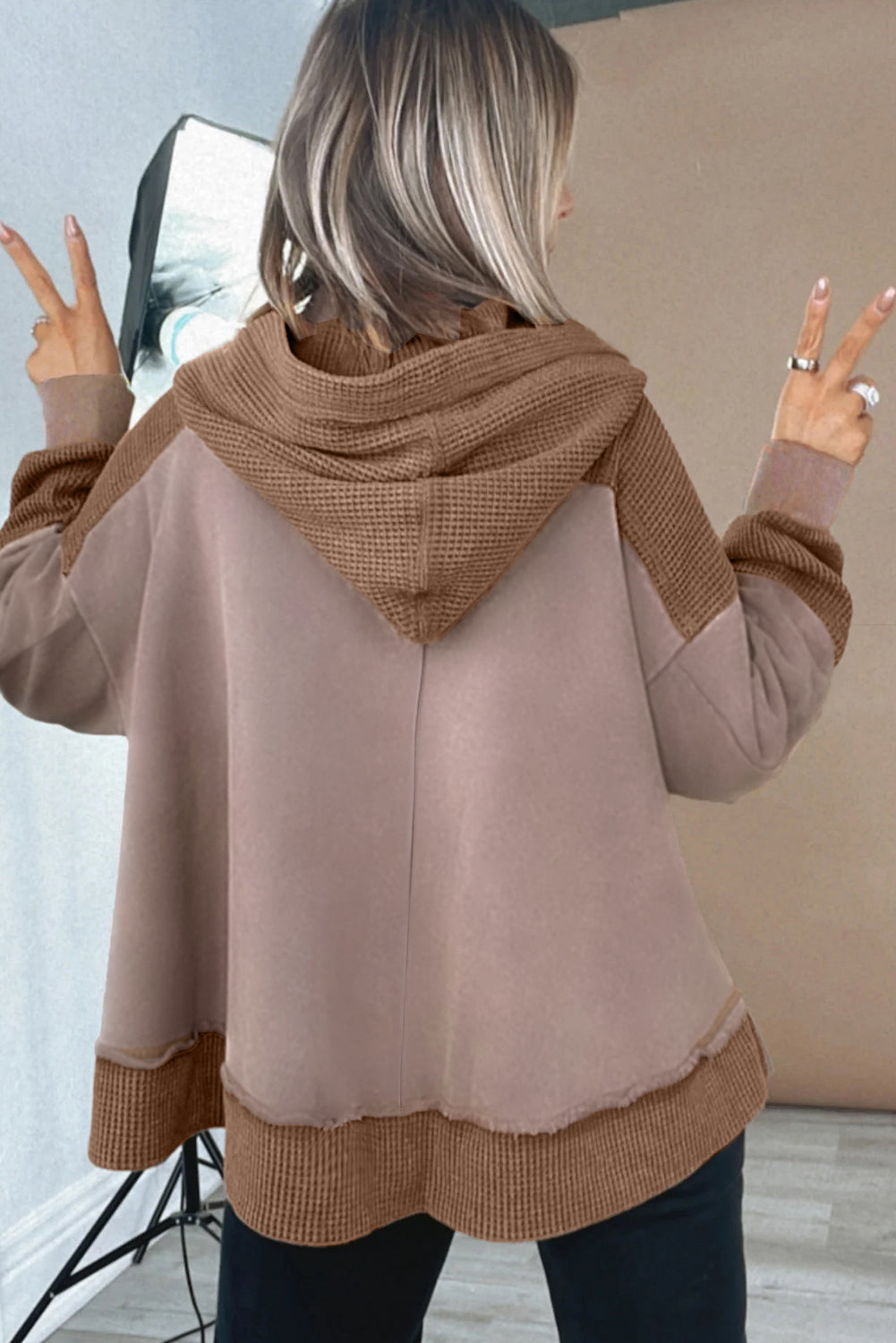 Goat Oversize Waffle Patchwork Exposed Seam Casual Hoodie-Tops / Dresses-[Adult]-[Female]-2022 Online Blue Zone Planet