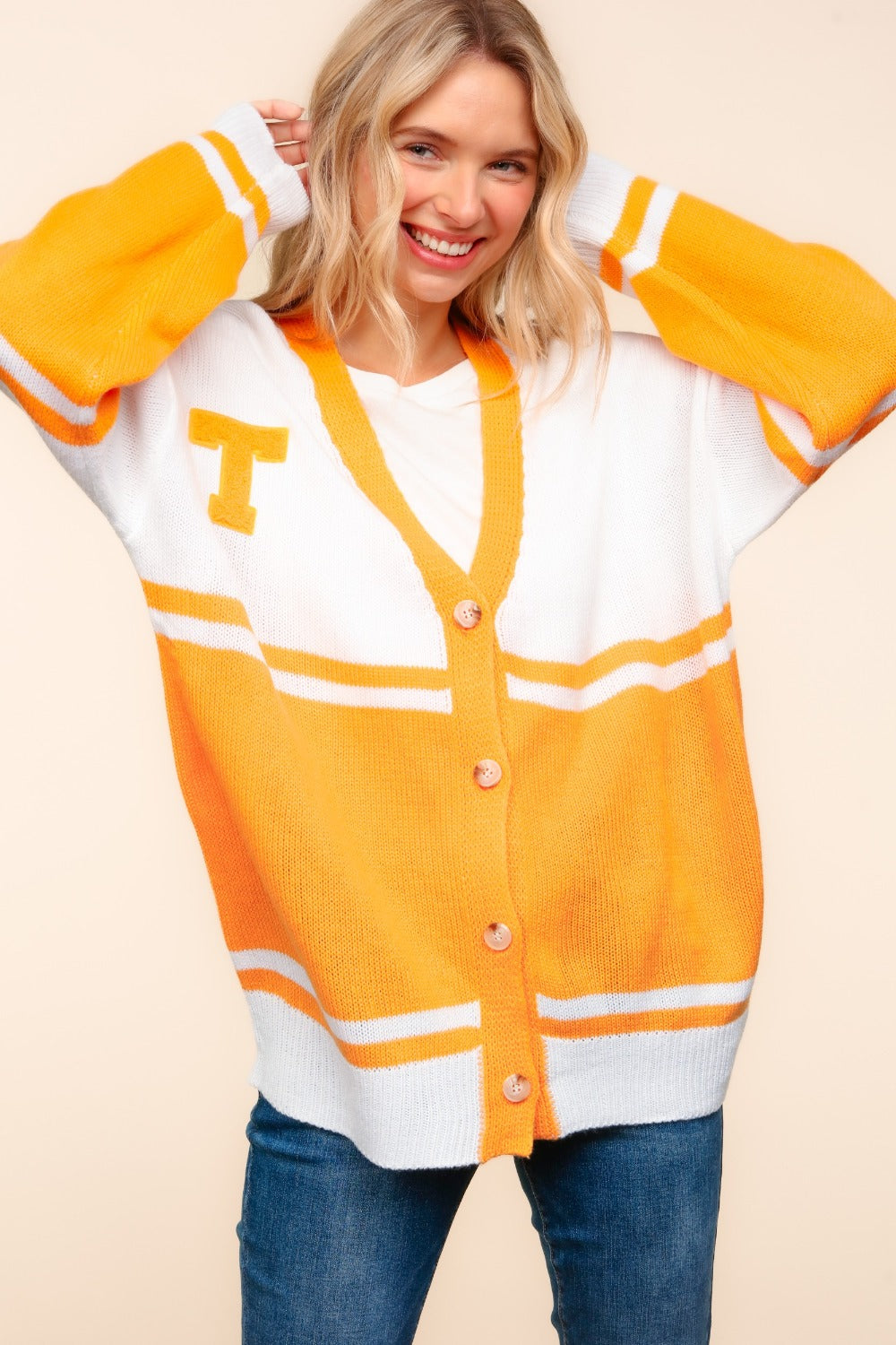 Haptics V Neck Button Down Letter Patch Cardigan-TOPS / DRESSES-[Adult]-[Female]-Orange-S-2022 Online Blue Zone Planet