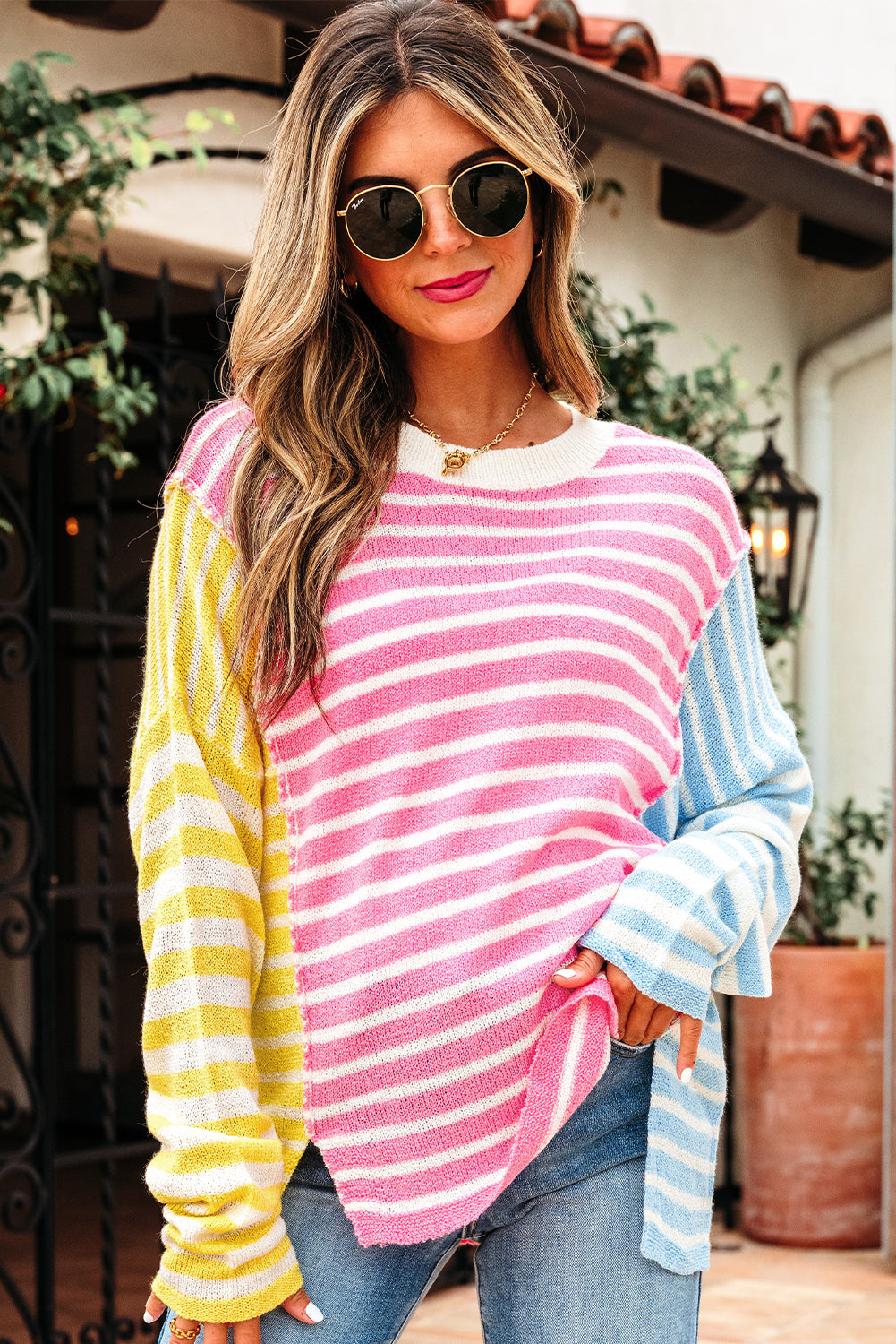 Multicolour Color Block Striped Patchwork Dolman Sleeve Slit Sweater-TOPS / DRESSES-[Adult]-[Female]-2022 Online Blue Zone Planet