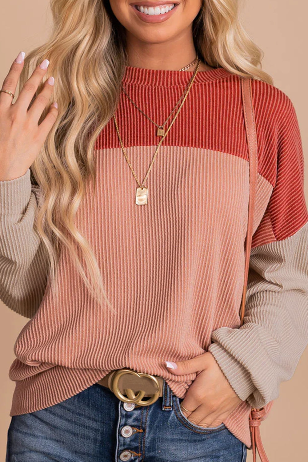 Green Color Block Long Sleeve Ribbed Loose Top-Sale (50% OFF)/30% OFF-[Adult]-[Female]-Red-S-2022 Online Blue Zone Planet